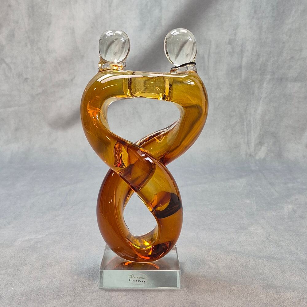 Murano Glasswear Figure Eight Infinity Lovers Amber Italian Art Glass Sculpture